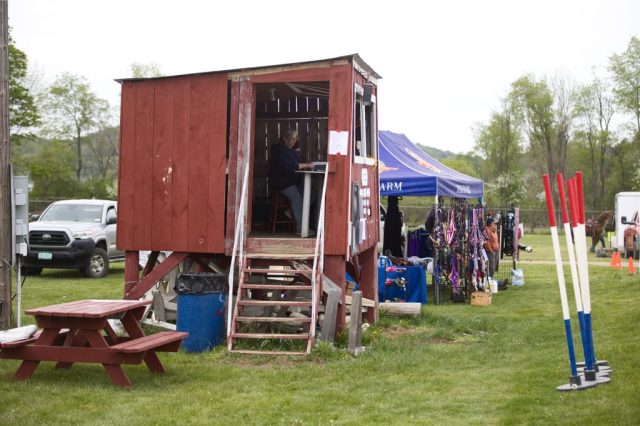 poll and barrels – booth Judges’ stand beside the competition area for pole bending and barrel racing at the Orleans County Fairgrounds in Barton, Vermont.